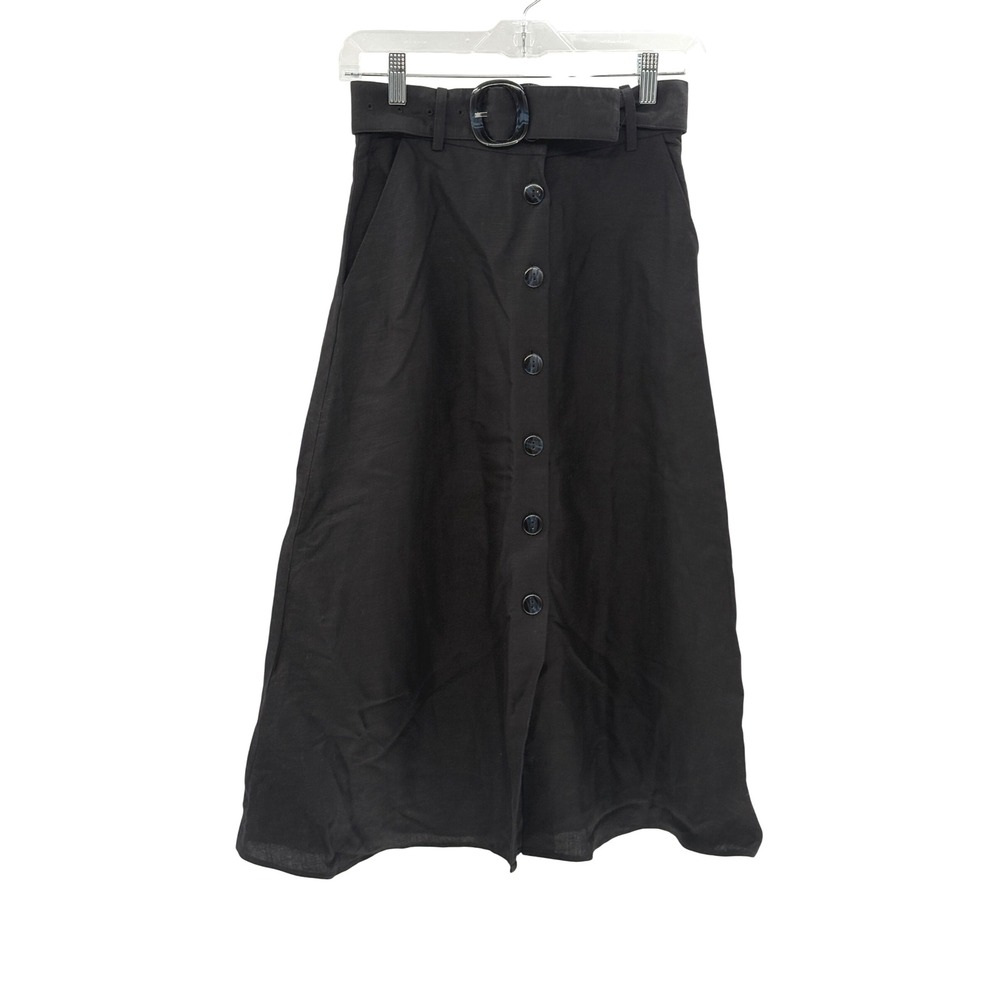 & Other Stories Linen Blend Black A-Line Button-Front Midi Skirt with Belt 2